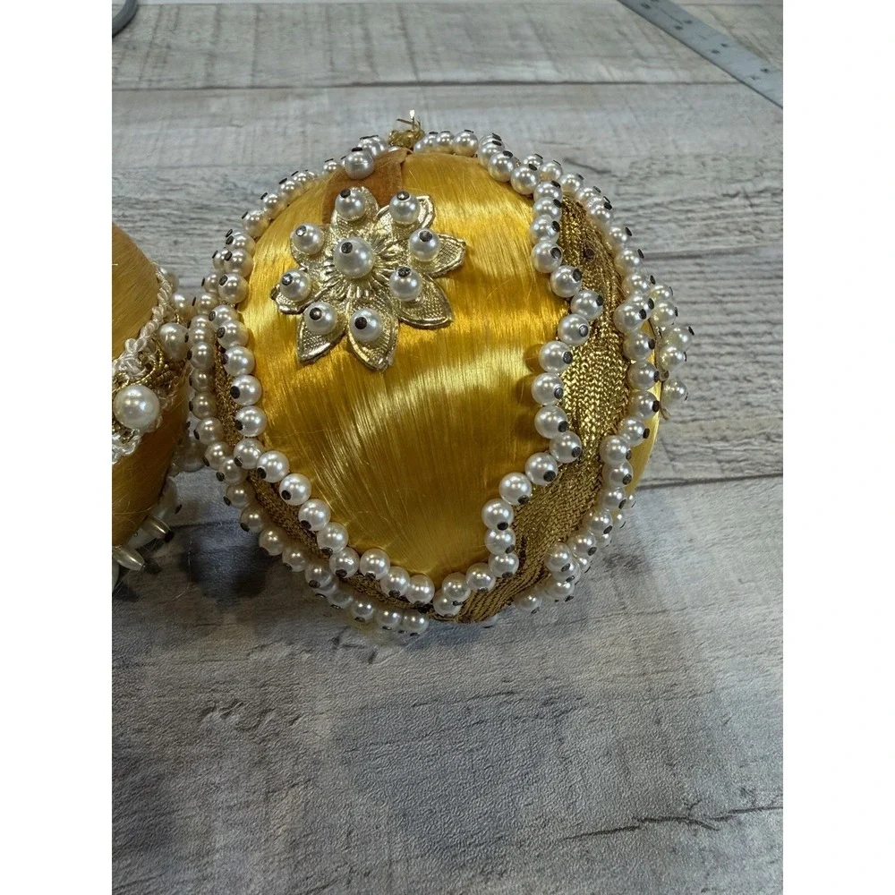 Set 2 Vintage Gold Satin Christmas Ornaments Faux Pearl Beaded Tassel Victorian